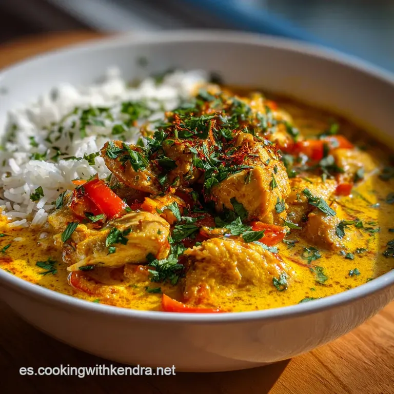 Elegant plate of chicken curry with fluffy rice. Chicken glistens; sauce is thick and speckled with green herbs.