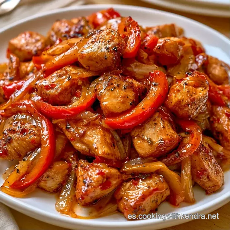 Pollo jugoso y pimientos salteados dispuestos con cuidado en un plato moderno, coronados con perejil verde y fresco.