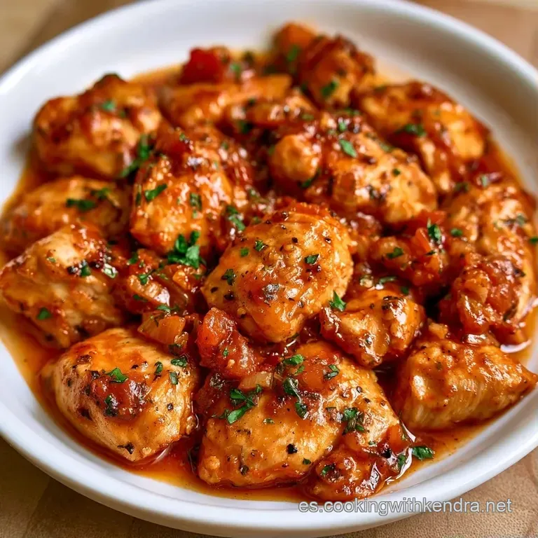 Piezas de carne jugosa sobre una base de crema de tomate intenso, servidas en un plato blanco con gotas de aceite verde.