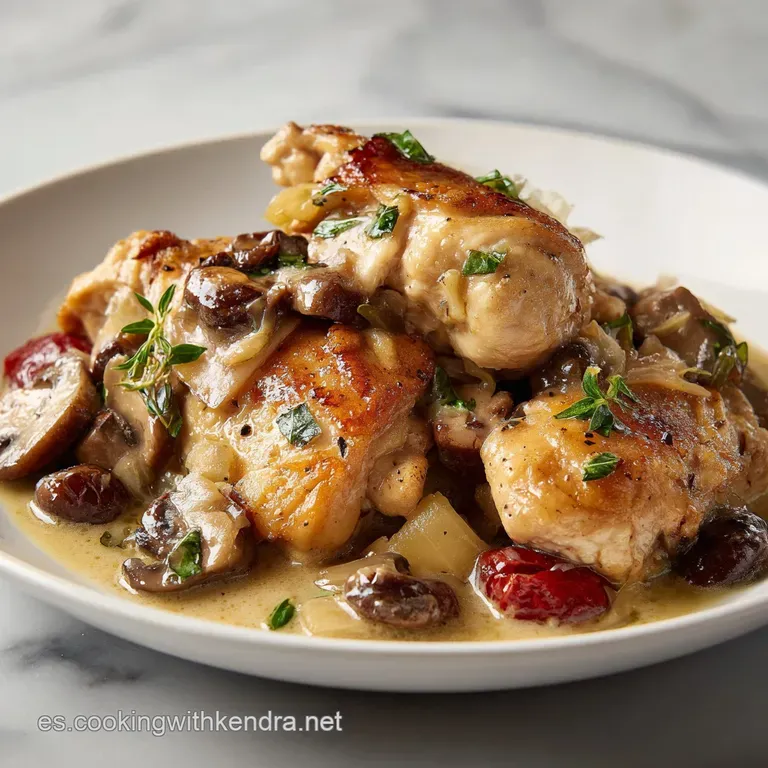 A single serving of tender chicken with glistening pan sauce, artfully plated atop rice with a sprig of fresh rosemary.