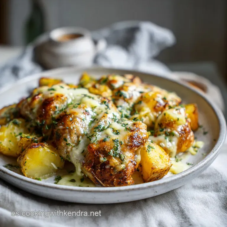 A single serving of chicken and potatoes, glistening with melted cheese and herbs, artfully plated with vibrant green garn...