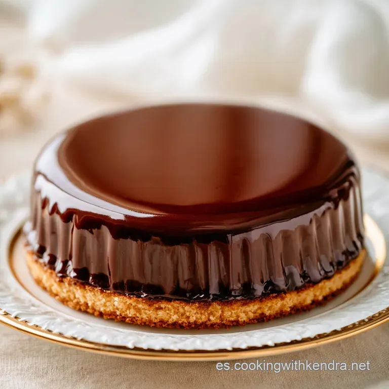 Porci&oacute;n de mousse cremosa sobre plato blanco con hilos de sirope brillante y una lluvia fina de cacao amargo oscuro.