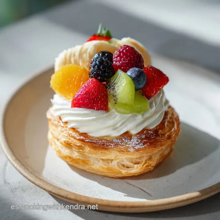 Elegant puff pastry dessert with a creamy filling, artfully drizzled with chocolate sauce on a white plate. Sprinkled nuts...