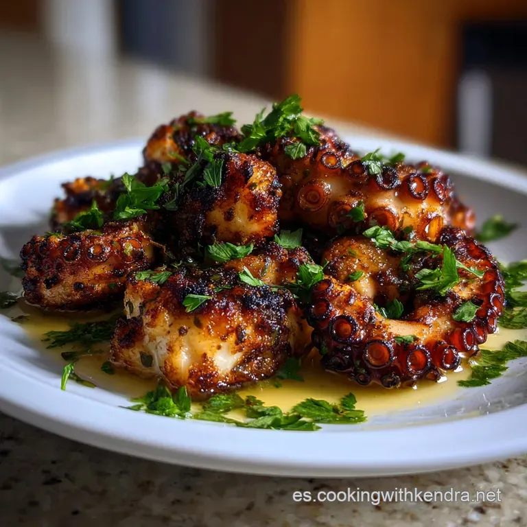 Tender grilled octopus atop a bed of creamy potatoes, garnished with a bright lemon wedge, showcasing contrasting textures...