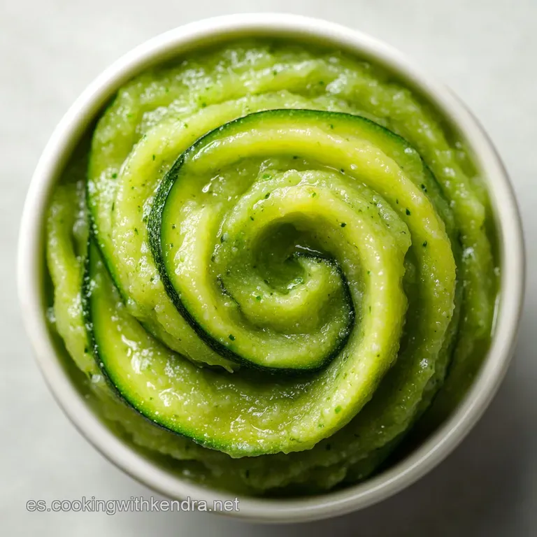 Creamy green zucchini soup elegantly served in a white bowl, topped with microgreens and a swirl of cream. Soothing colors.