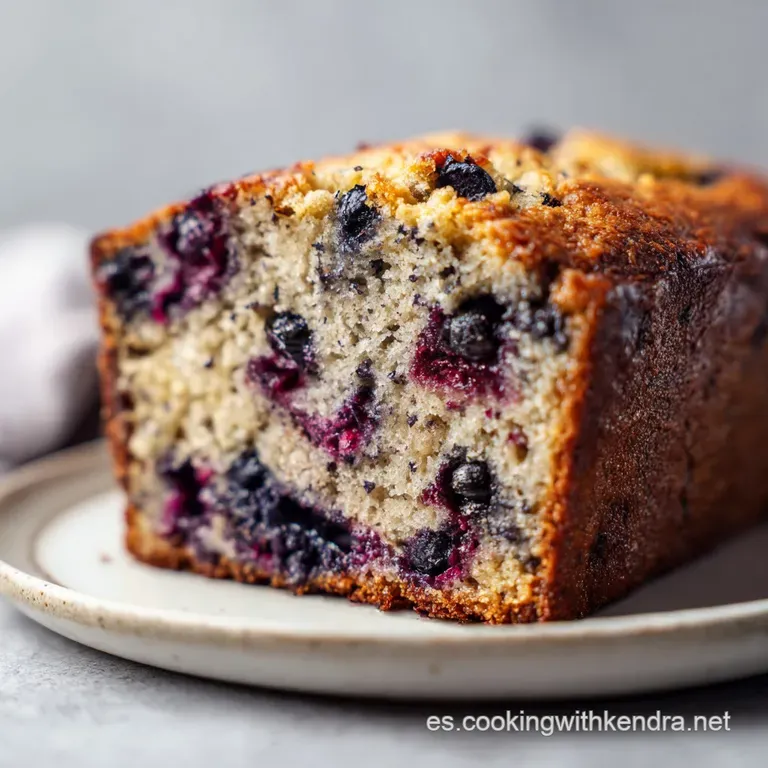A slice of moist banana and blueberry cake, artfully arranged with fresh berries.