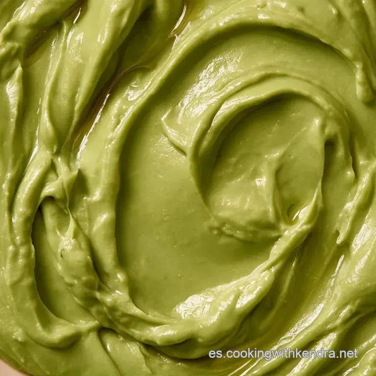 Dip cremoso de color verde suave servido en cuenco de cerámica con hilos de aceite brillante y pimienta negra molida.