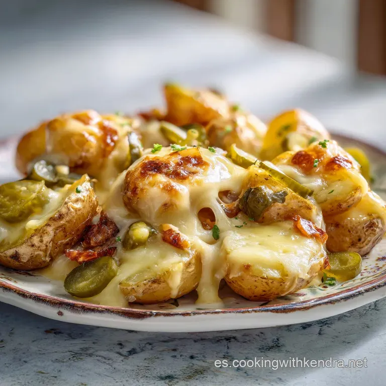 A rustic wooden platter with vibrant green pickles, assorted cured meats, and steaming baby potatoes.