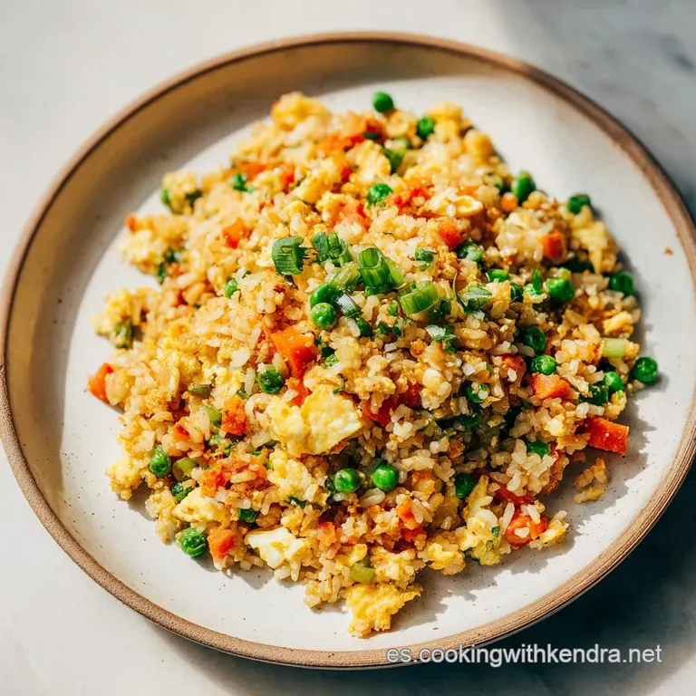 Arroz Chaufa elegantly plated: vibrant mix of golden rice, tender meat, and bright veggies, garnished with fresh herbs.