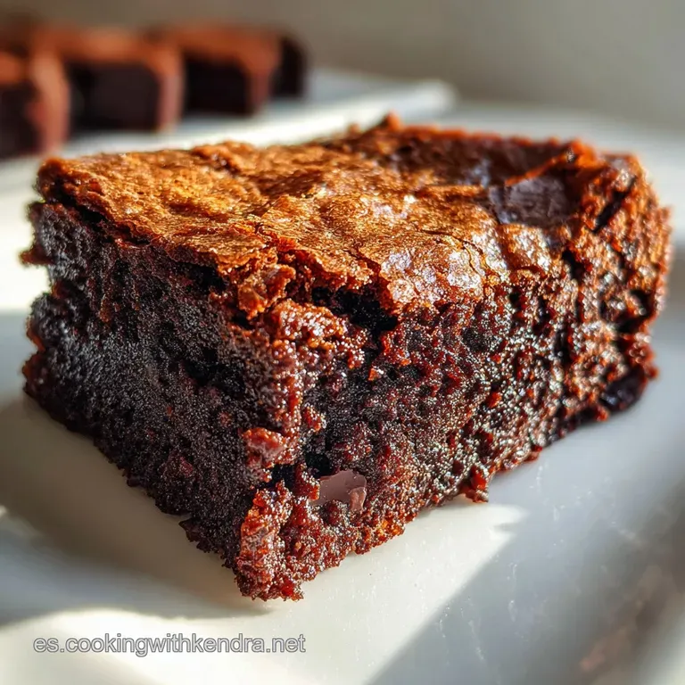 A single, intensely dark brownie square on a white plate. Faint cocoa dusting and a gleaming edge invite a bite of pure ch...