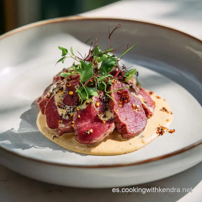 Plated Vitello Tonnato: Delicate veal slices drizzled with creamy sauce, dotted with capers, garnished with parsley on whi...