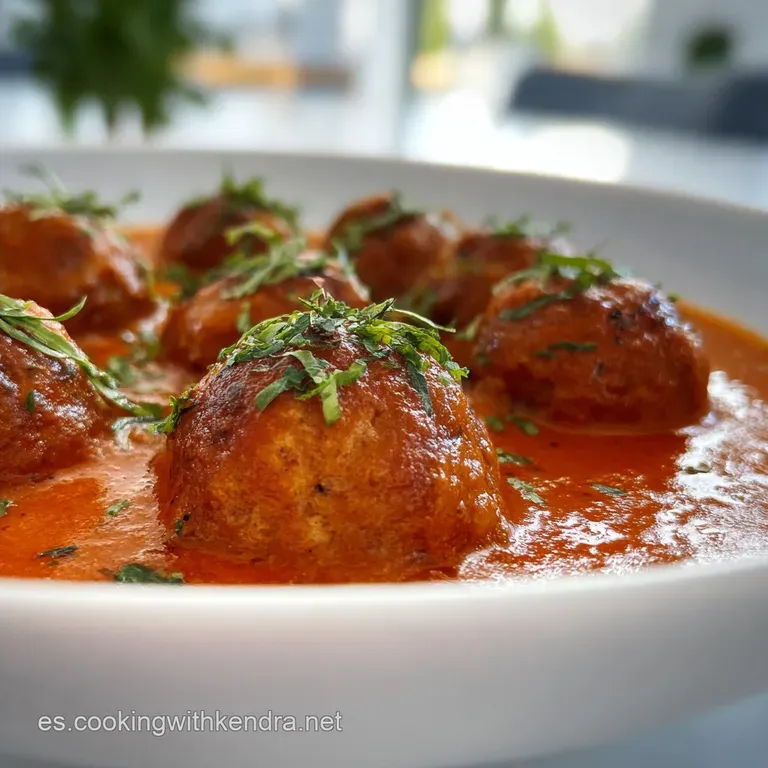 Two juicy meatballs nestled on a bed of creamy polenta, drizzled with tomato sauce. Fresh basil sprig adds a pop of green.