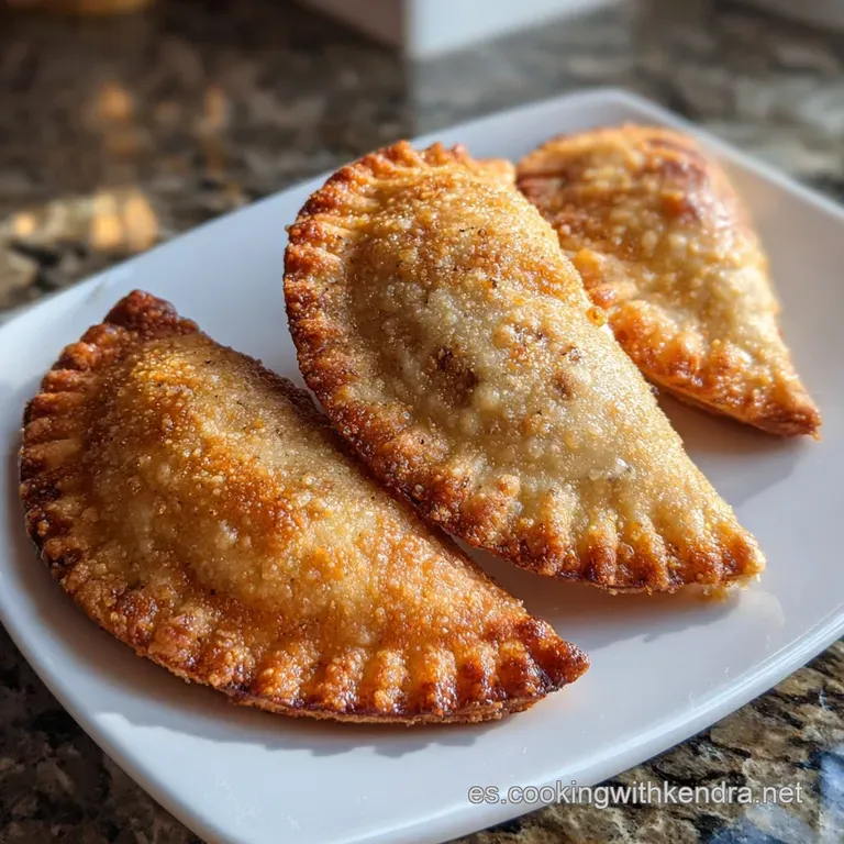 Three warm, golden-brown tuna empanadillas on a white plate, served with a side of vibrant green salad, inviting and delic...