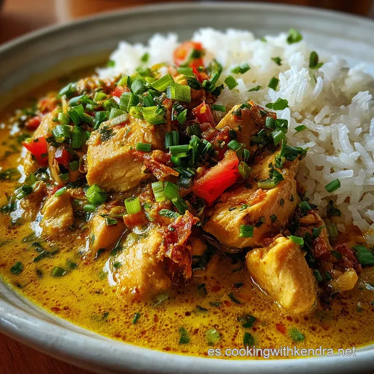 Creamy coconut curry chicken plated with fluffy white rice and a sprig of fresh cilantro, inviting and colorful with vibra...