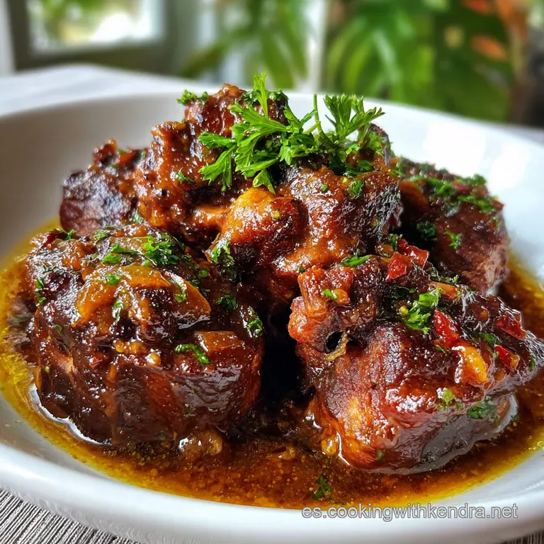 Elegant plating of tender oxtail in deep red wine sauce, paired with creamy mashed potatoes and vibrant green herbs.