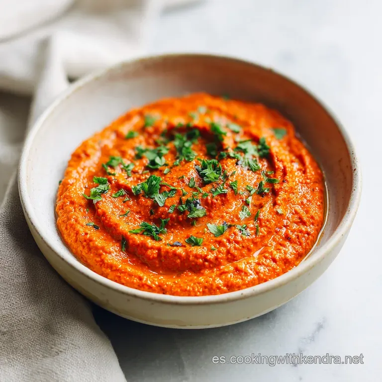 Elegant plate featuring a swirl of rich, red romesco sauce, garnished with parsley and drizzled with olive oil for a gourm...
