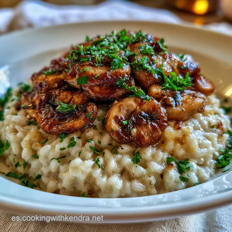Mont&oacute;n centrado de arroz brillante y meloso con l&aacute;minas finas de queso parmesano y setas doradas sobre cer&aacute;mica blanca.