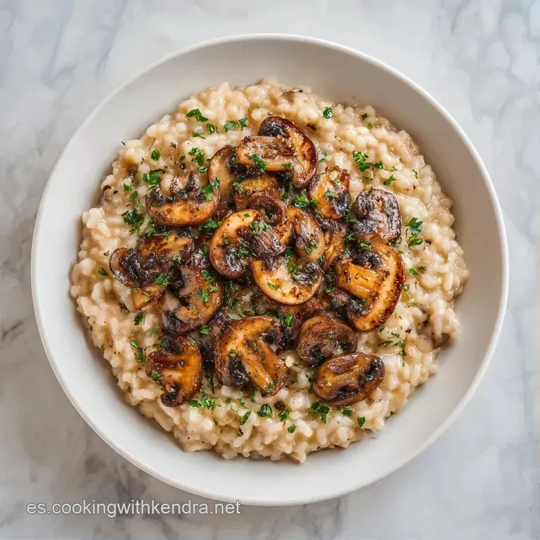 Mont&iacute;culo de arroz brillante y untuoso adornado con l&aacute;minas de setas salteadas y un toque de hierbas verdes frescas.