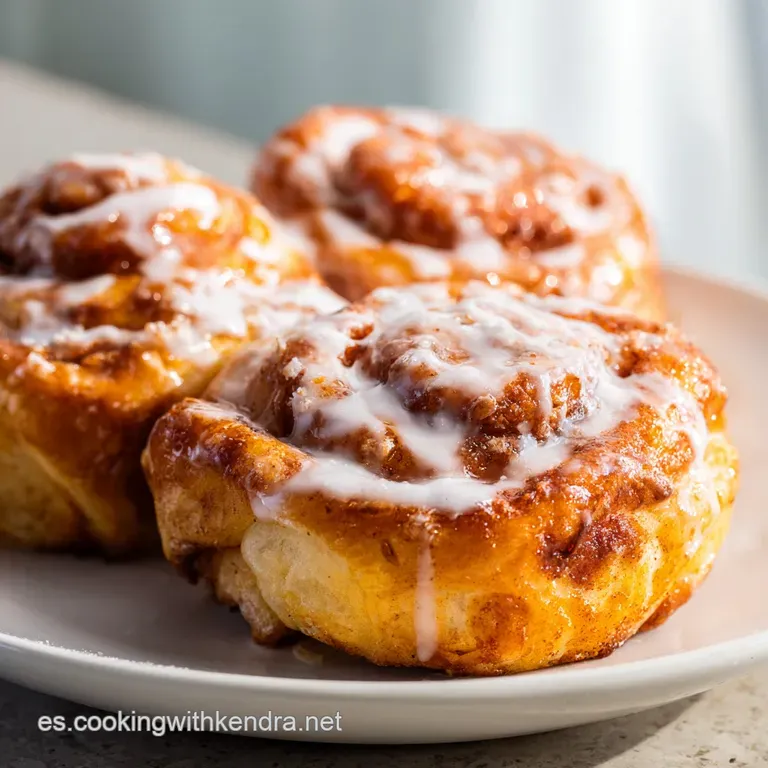 A trio of soft, golden cinnamon rolls artfully arranged with a glistening orange glaze.