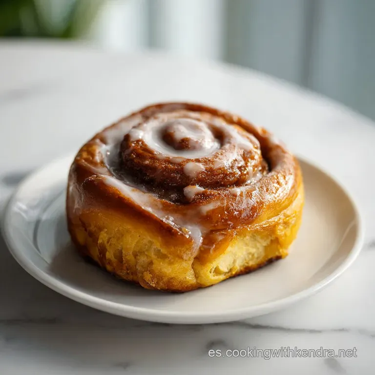 A single, warm cinnamon roll with caramelized banana and a drizzle of glaze, artfully plated with a fork.
