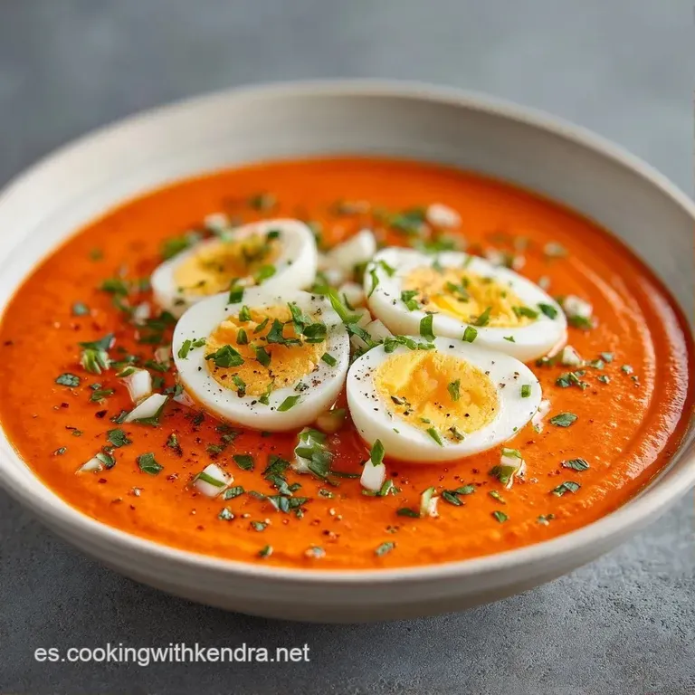 Sopa fr&iacute;a de textura aterciopelada y color naranja vibrante, adornada con huevo picado y un hilo de aceite dorado.