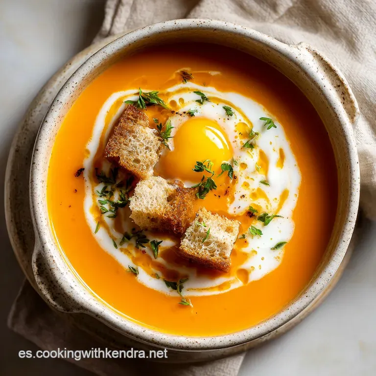 Smooth, bright orange salmorejo in a shallow bowl, dotted with glistening olive oil, ham, and herbs. Refreshing and artful.