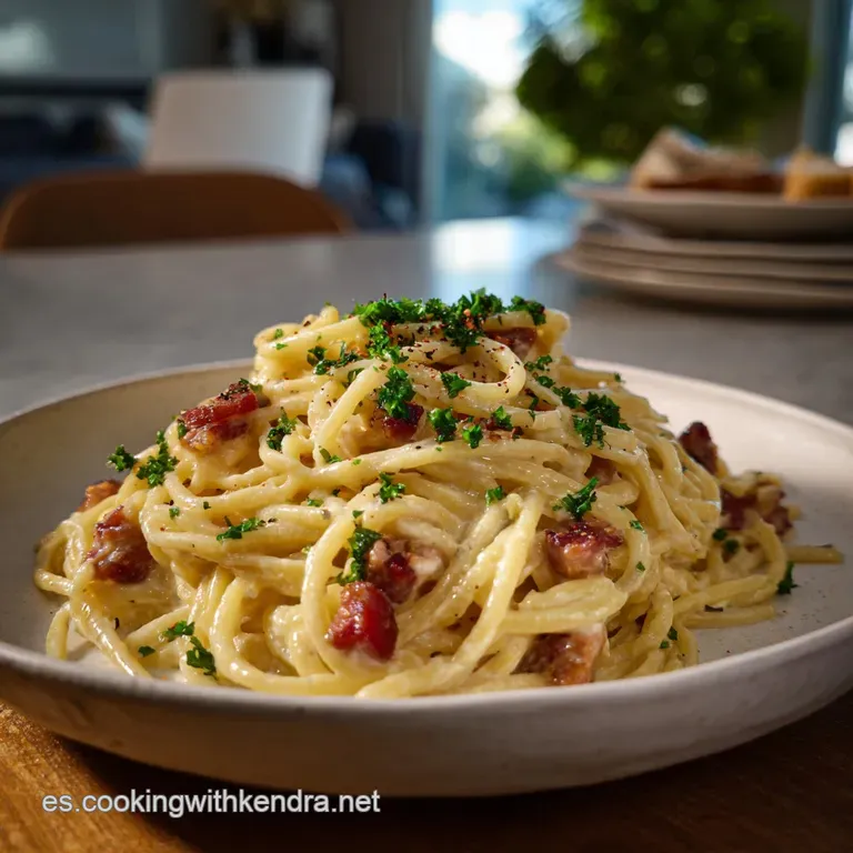 Elegant plate of creamy pasta, topped with fresh herbs and a sprinkle of pepper. The light catches the sauce, making it sh...
