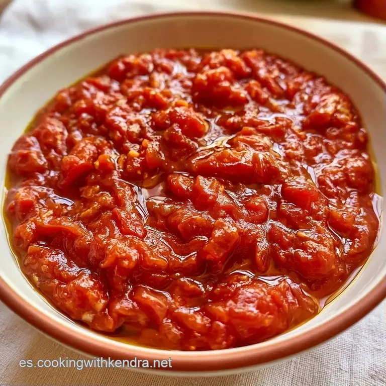 Cuenco de cerámica con salsa de tomate espesa, decorada con perejil verde y aceite brillante junto a pan tostado.