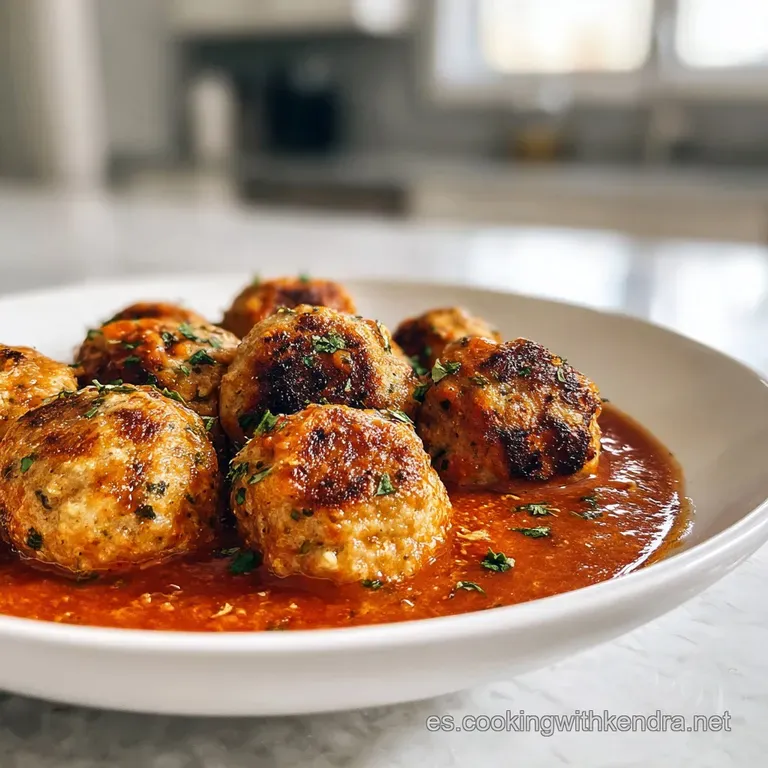 Ladled over savory meatballs, this vibrant red sauce glistens. Served in a white bowl to showcase its rich color. Garnishe...