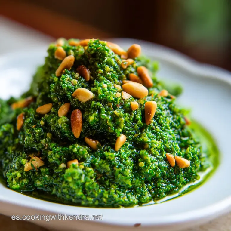 Vibrant green sauce swirled artistically on a white ceramic plate, topped with a fresh basil leaf and parmesan