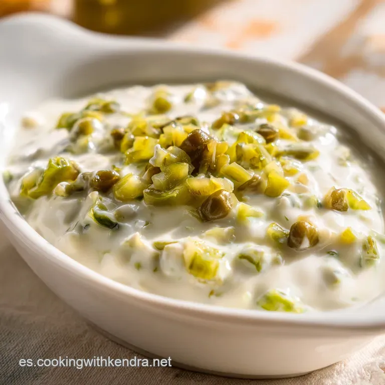 Peque&ntilde;o bol de cer&aacute;mica con salsa cremosa blanca, acompa&ntilde;ado de un lim&oacute;n amarillo brillante y una rama de perejil fresco.