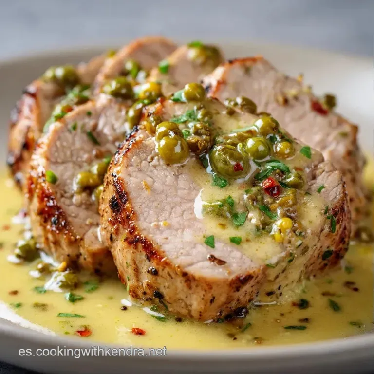 Carne jugosa dispuesta en plato blanco con una salsa cremosa y brillante, decorada con una rama de perejil fresco.