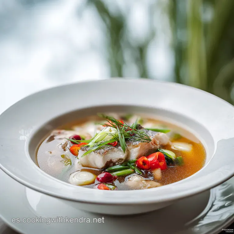 Steaming bowl of fish soup garnished with cilantro, offering a taste of the sea. Garnishes add a pop of fresh green. Invit...