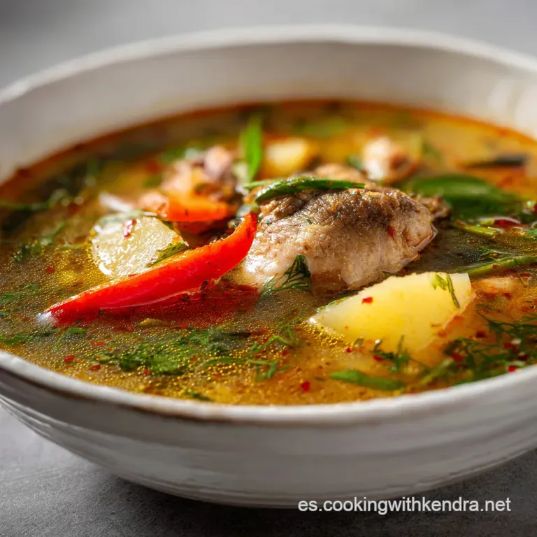 Elegant bowl of fish soup, garnished with cilantro and a lime wedge, steam rising from the surface, inviting and warm.