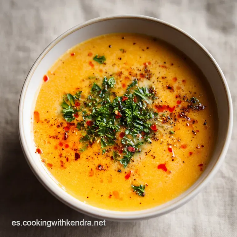 A steaming bowl of colorful vegetable soup, garnished with fresh cilantro and a lime wedge. Ladle reflection visible in br...