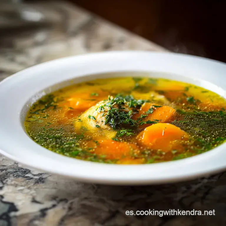 Elegant bowl of vibrant chicken soup with cilantro garnish, served with crusty bread. Rich broth shimmering under soft lig...