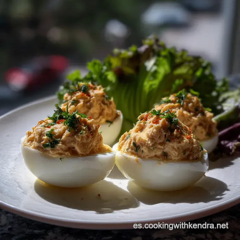 Elegant plate featuring smooth, ivory-colored deviled eggs, delicately piped filling, speckled with paprika, and fresh gre...