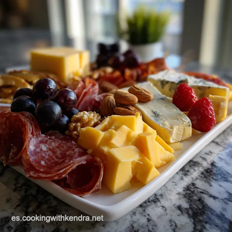 Elegant arrangement of gourmet cheeses and charcuterie with figs, grapes, and nuts, showcasing a symphony of flavors and t...
