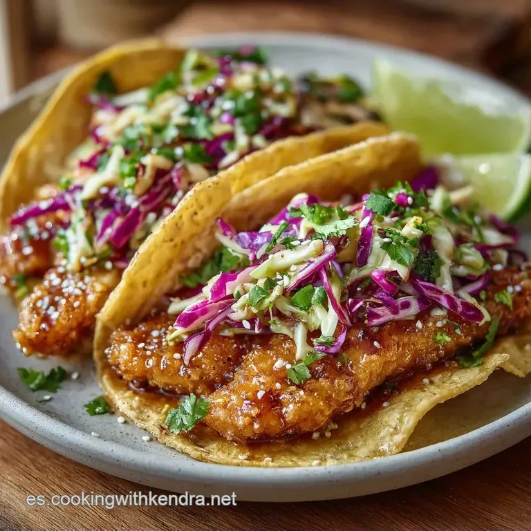 Tres tacos alineados con pescado crujiente, tiras finas de col fresca y gotas de salsa blanca sobre un plato cer&aacute;mico.