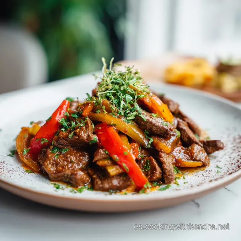Golden rice and beans nestled beside tender, colorful lomo saltado on a white plate.