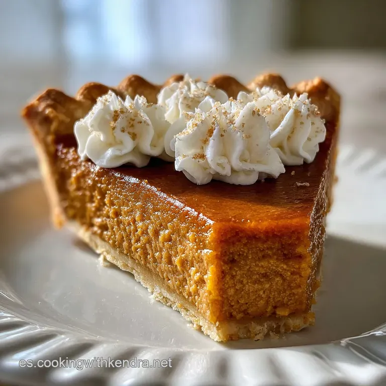 Slice of creamy pumpkin pie dusted with powdered sugar on a white plate, beside a dollop of whipped cream and cinnamon stick.