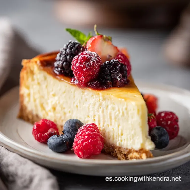 A slice of creamy cheesecake revealing a molten gold interior, drizzled with berry coulis.