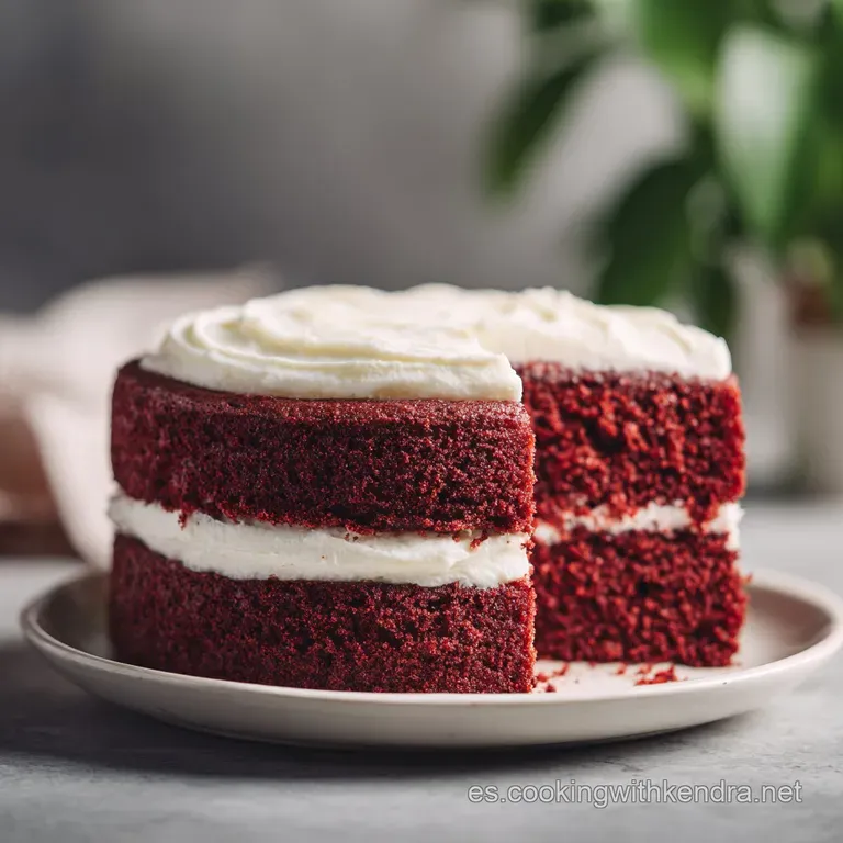 Slice of red velvet cake on a white plate. Cream cheese frosting swirls elegantly, alongside fresh berries and a dusting o...
