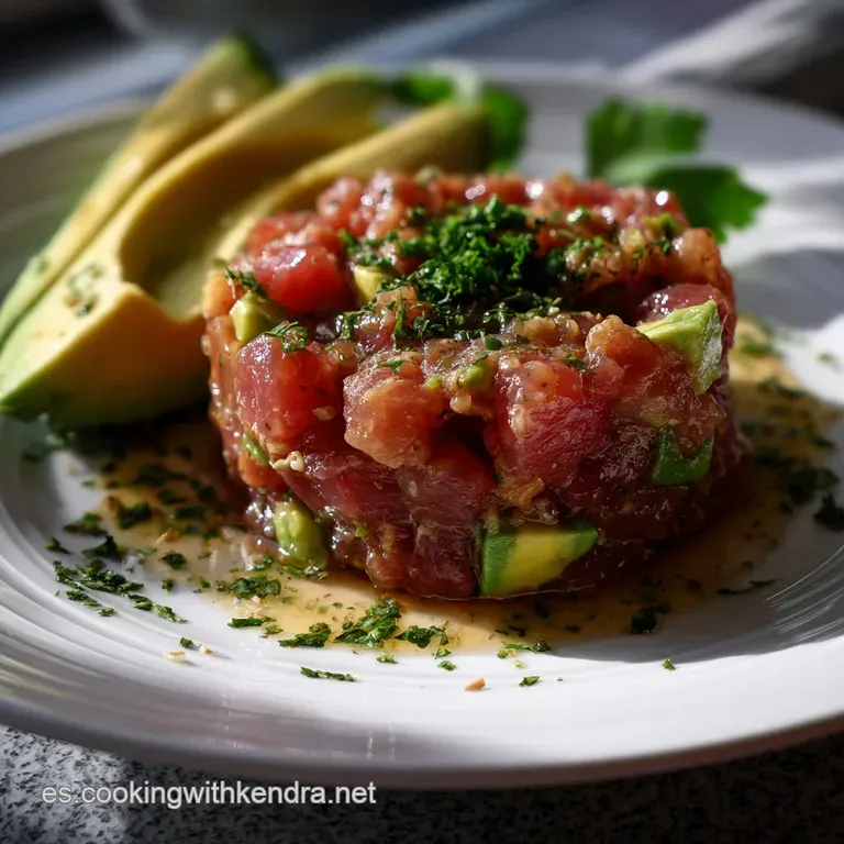 Elegant, artful plating: Fresh tuna tartar with avocado, a drizzle of olive oil, and a scattering of microgreens.