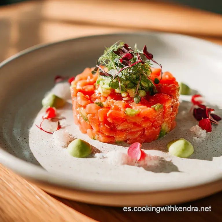 Elegant salmon tartare plated with sliced avocado, microgreens, and a drizzle of olive oil, creating a refined and appetiz...