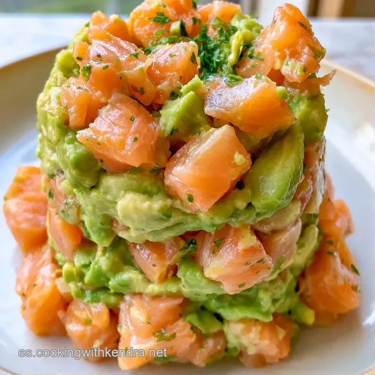 Capas precisas de pescado fresco y aguacate suave, adornadas con brotes verdes y gotas de aceite sobre cerámica clara.