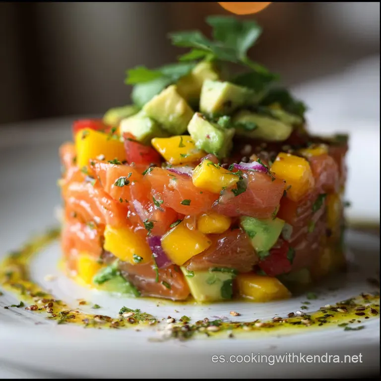 Elegant salmon tartare plating: layered avocado cream, cubed salmon, mango, microgreens, drizzled sauce. Appetizing & colo...