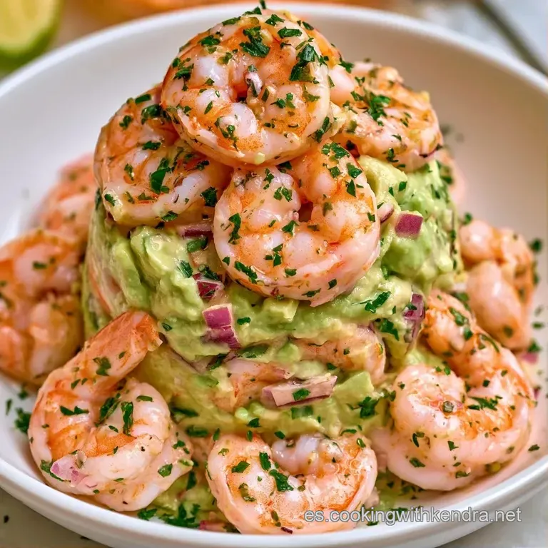 Torre circular de aguacate cremoso y langostinos frescos, adornada con gotas de aceite y brotes verdes en plato blanco.
