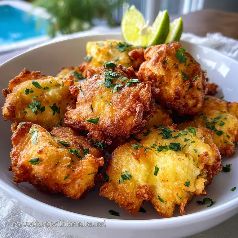 Crisp tortilla de camarones sit on a white plate, garnished with lemon wedges and vibrant green parsley. Ready to be serve...