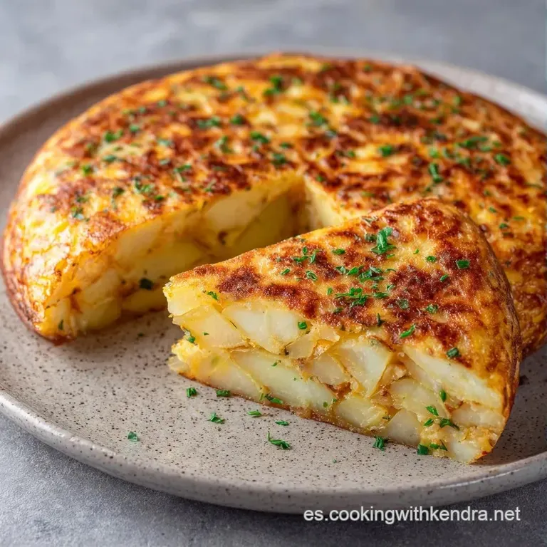 Tri&aacute;ngulo de tortilla amarilla y brillante sobre plato blanco, destacando su textura cremosa y bordes dorados suaves.